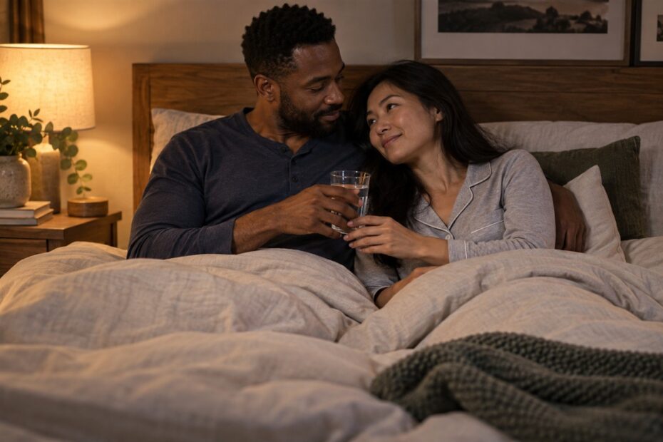Couple adulte en vêtements de nuit partageant un verre d'eau et un moment tendre dans un lit