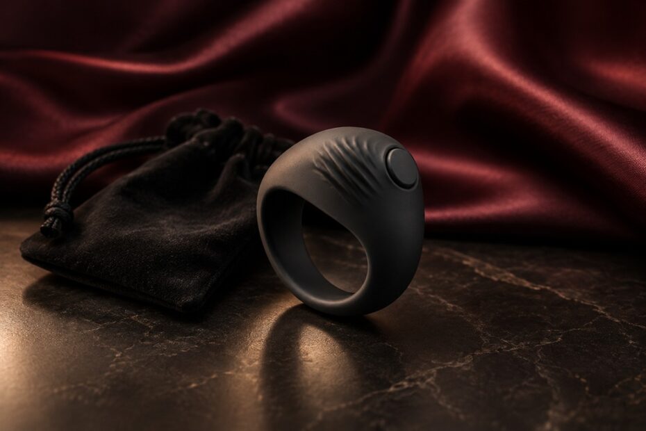 Anneau vibrant noir en silicone présenté avec sa pochette sur un fond en satin bordeaux