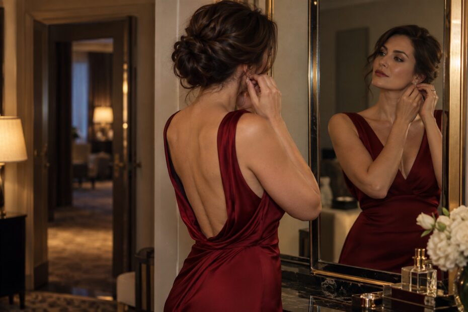 Femme élégante en robe rouge dos nu ajustant une boucle devant un miroir