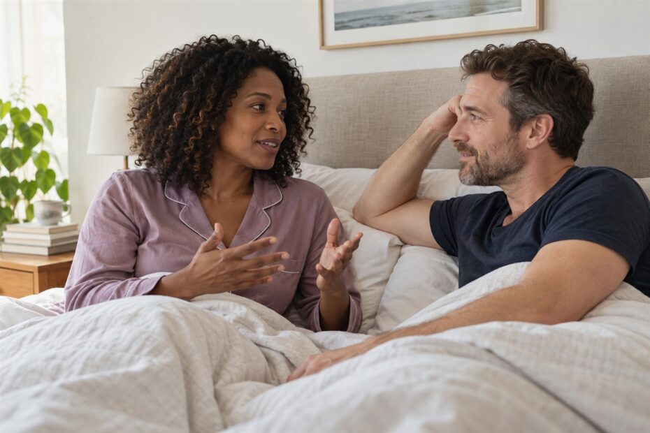 Couple adulte en vêtements de nuit échangeant calmement dans un lit