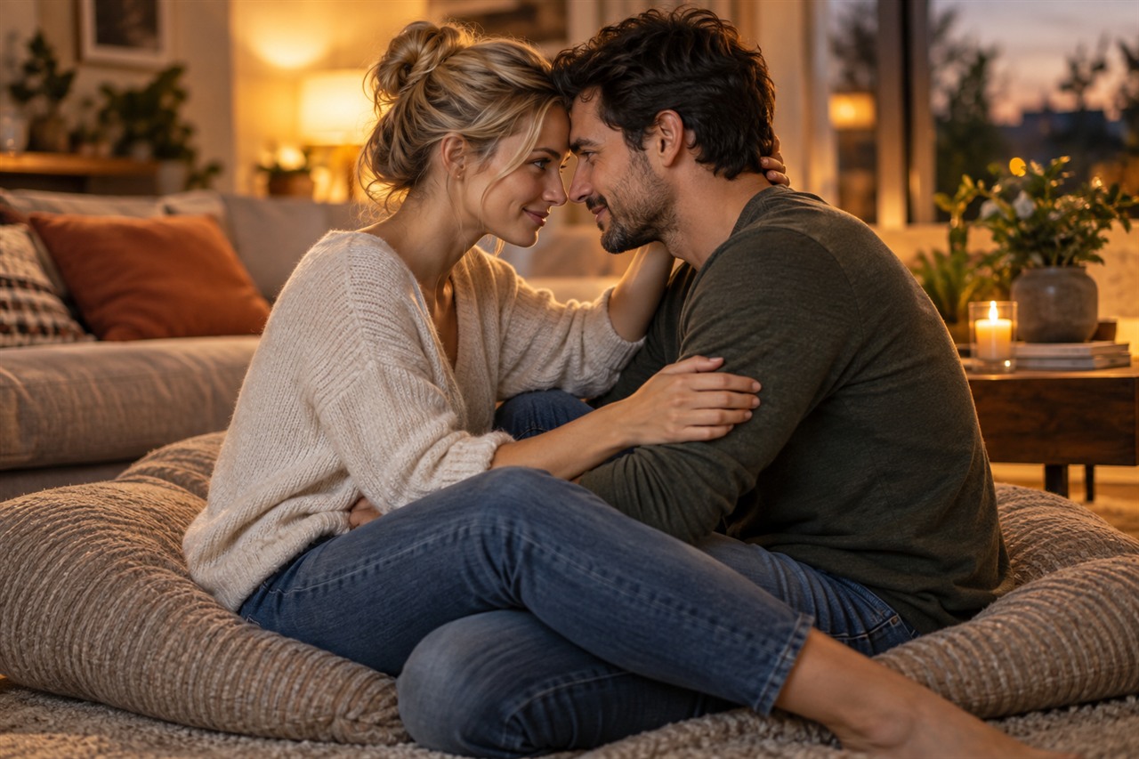 Femme blonde et homme brun partageant un moment de connexion dans un salon chaleureux