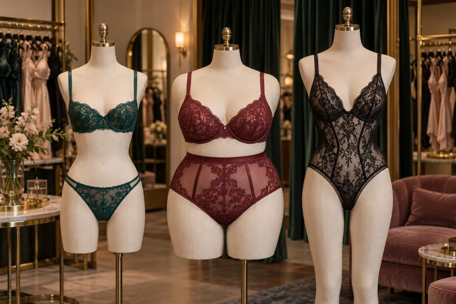 Trois silhouettes de morphologies différentes présentant des ensembles de lingerie séduisants