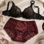 Ensemble de lingerie noire et bordeaux avec mètre ruban et miroir sur une coiffeuse