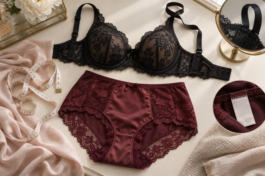 Ensemble de lingerie noire et bordeaux avec mètre ruban et miroir sur une coiffeuse