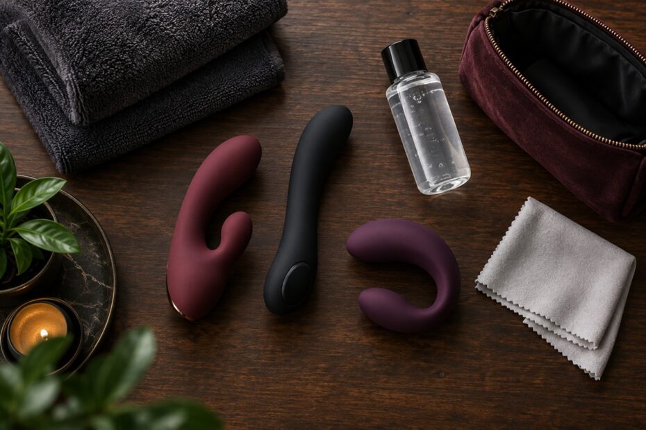 Sextoys en silicone disposés avec gel, chiffon doux et pochette de rangement