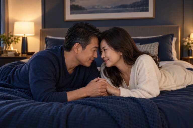 Couple adulte partageant un moment lent et complice dans une chambre