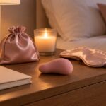 Sextoy externe rose posé sur une table de nuit avec bougie, masque en satin et pochette
