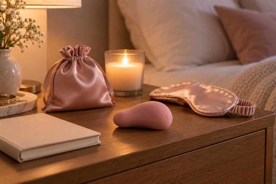 Sextoy externe rose posé sur une table de nuit avec bougie, masque en satin et pochette