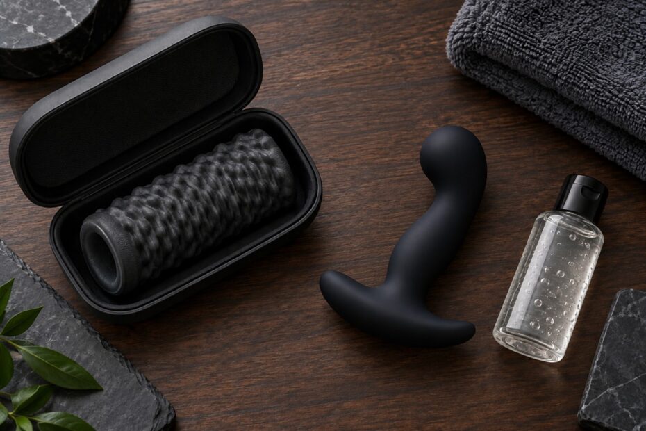 Masturbateur de type Fleshlight et stimulateur prostatique noir présentés avec du gel