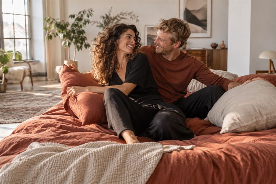 Femme brune et homme blond partageant un moment joueur sur un lit