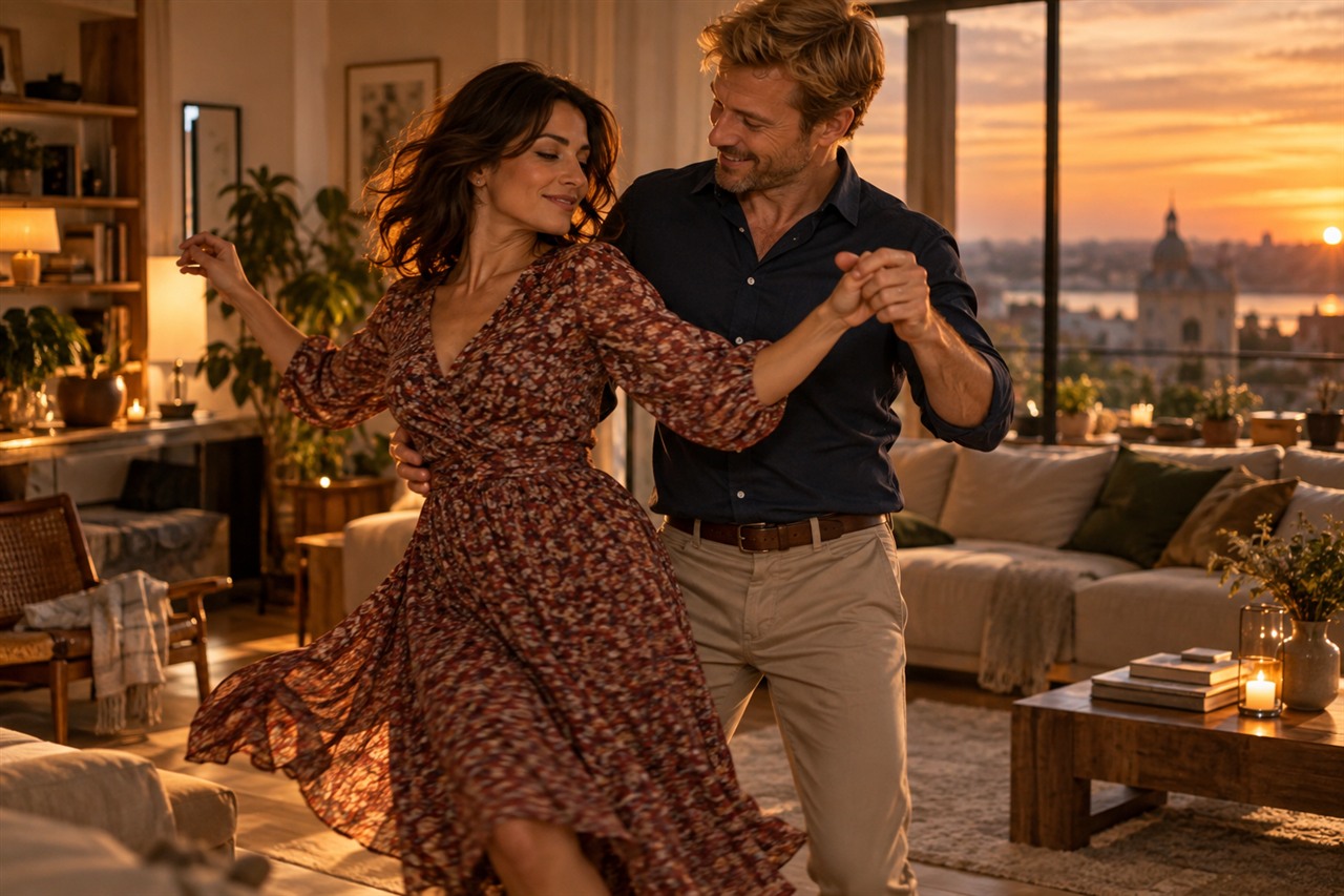 Femme brune et homme blond dansant ensemble au coucher du soleil