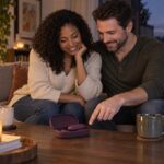 Utiliser un sextoy quand on est en couple : bonne ou mauvaise idée ? Couple adulte découvrant ensemble un sextoy dans son étui sur une table basse