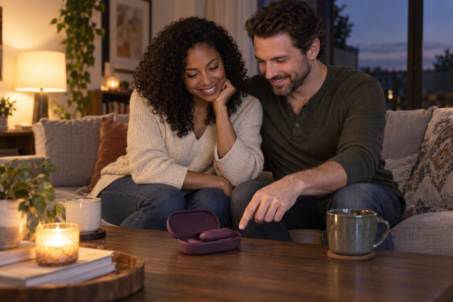 Couple adulte découvrant ensemble un sextoy dans son étui sur une table basse