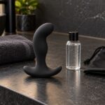 Masseur prostatique noir avec gel et pochette de rangement sur une vasque