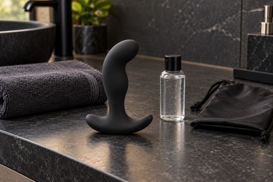 Masseur prostatique noir avec gel et pochette de rangement sur une vasque