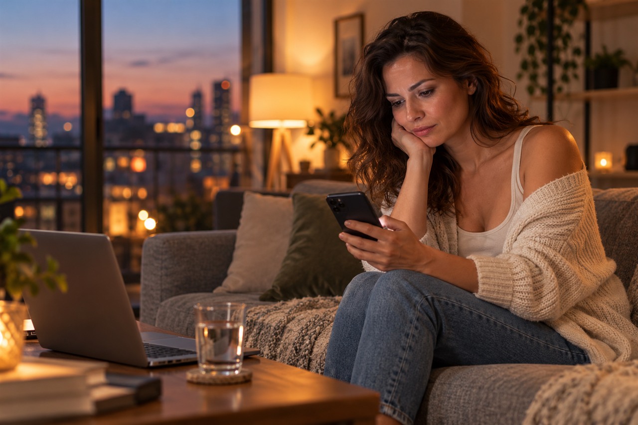 Femme consultant son téléphone après un silence dans une conversation en ligne