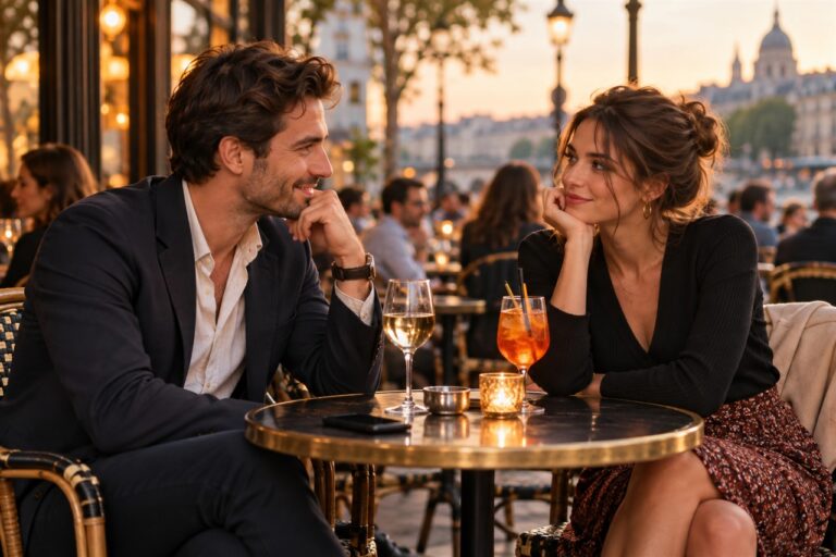 Premier rendez-vous après une rencontre en ligne sur une terrasse parisienne